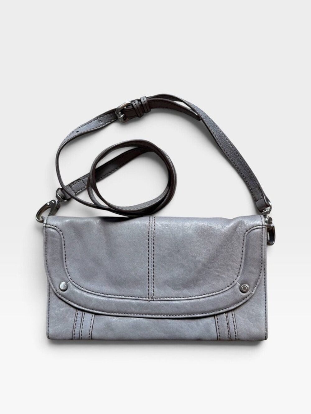 Perlina Real Leather Small Gray Crossbody Bag Clutch Adjustable Strap Silver